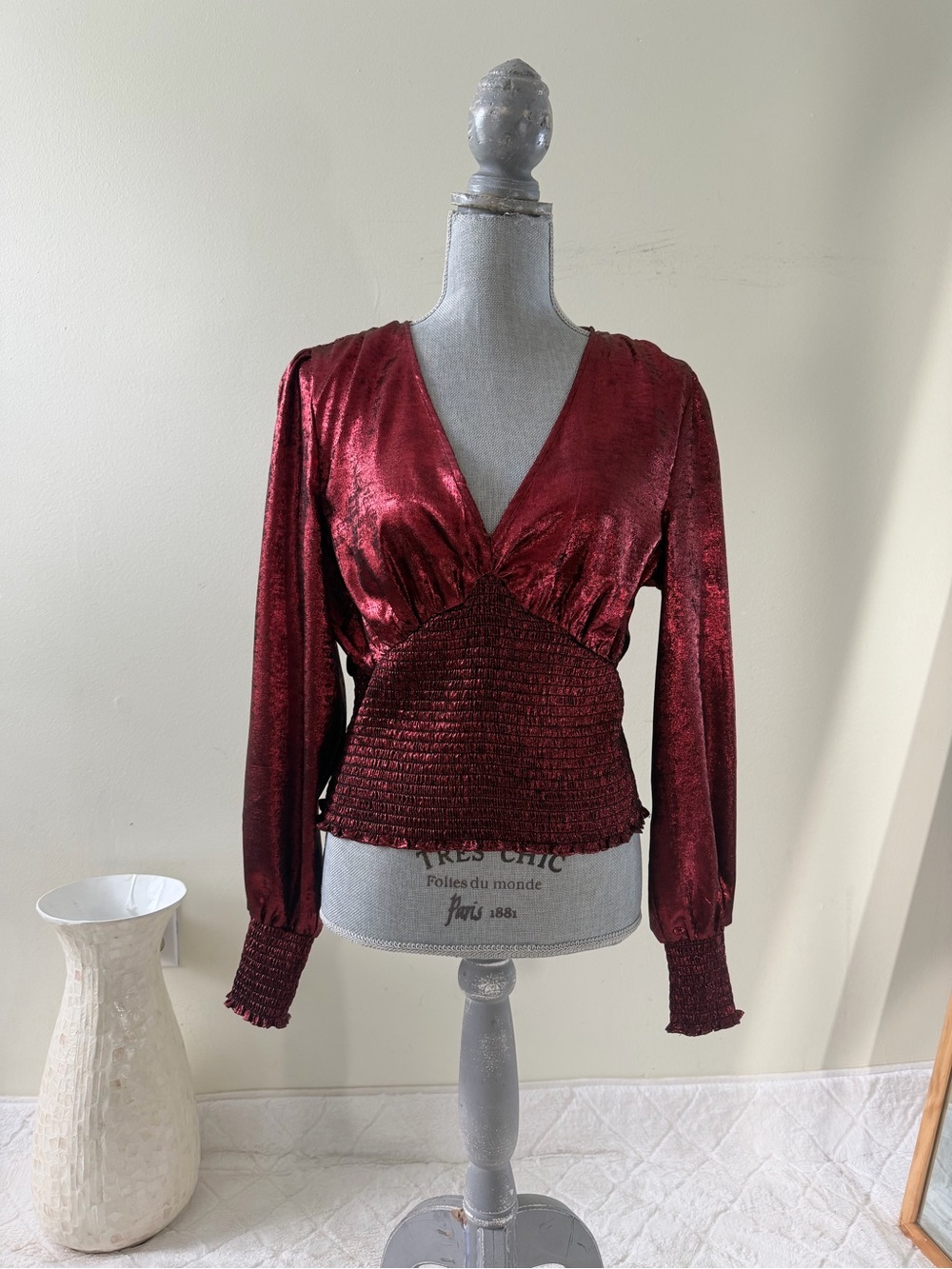 Aqua Shimmery Deep Red V-Neck Smocked Waist Long Sleeve Blouse